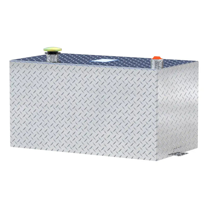 UWS TT-50-R-T-P 50-gallon rectangular transfer tank in bright aluminum, front three-quarter studio view