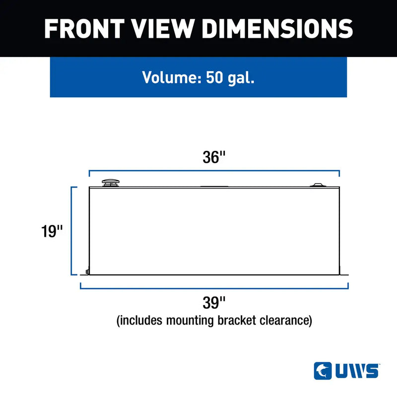 UWS TT-50-R-T-P 50-gallon rectangular transfer tank in bright aluminum, FRONT VIEW DIMENSIONS drawing with measurements
