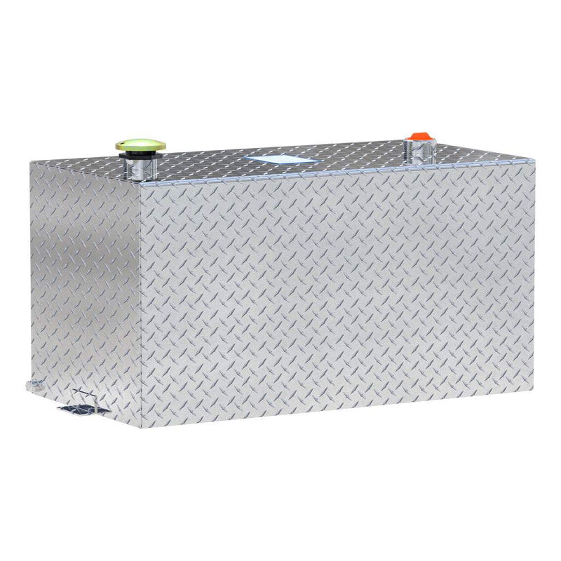UWS TT-50-R-T-P 50-gallon rectangular transfer tank in bright aluminum, three-quarter studio view