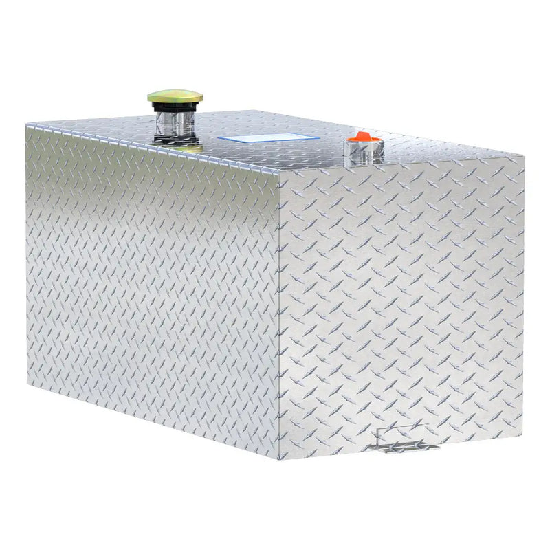 UWS TT-50-R-T-P 50-gallon rectangular transfer tank in bright aluminum, rear three-quarter view