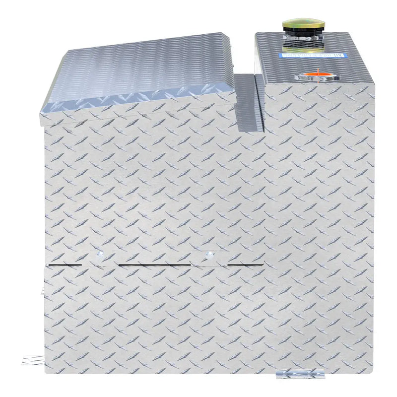 UWS TT-75-COMBO 75-gallon combo transfer tank in bright aluminum, end-on side view
