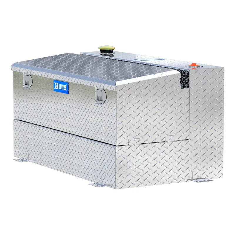 UWS TT-75-COMBO 75-gallon combo transfer tank in bright aluminum, rear three-quarter view