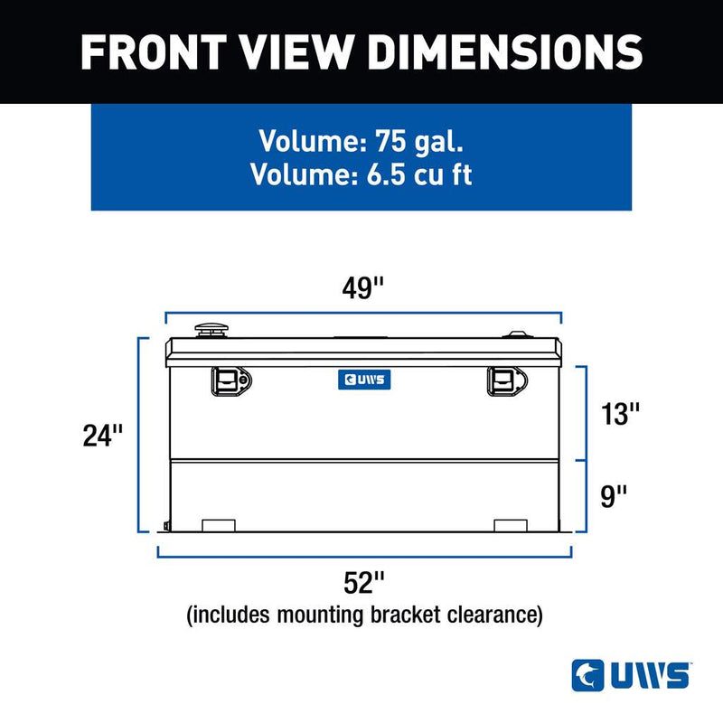 UWS TT-75-COMBO-BLK 75-gallon combo transfer tank in gloss black, FRONT VIEW DIMENSIONS drawing with measurements