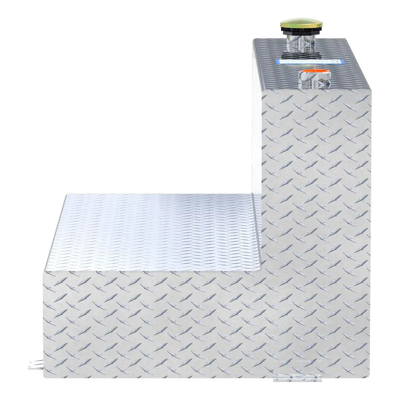 UWS TT-75-L-T-P 75-gallon l-shaped transfer tank in bright aluminum, end-on side view