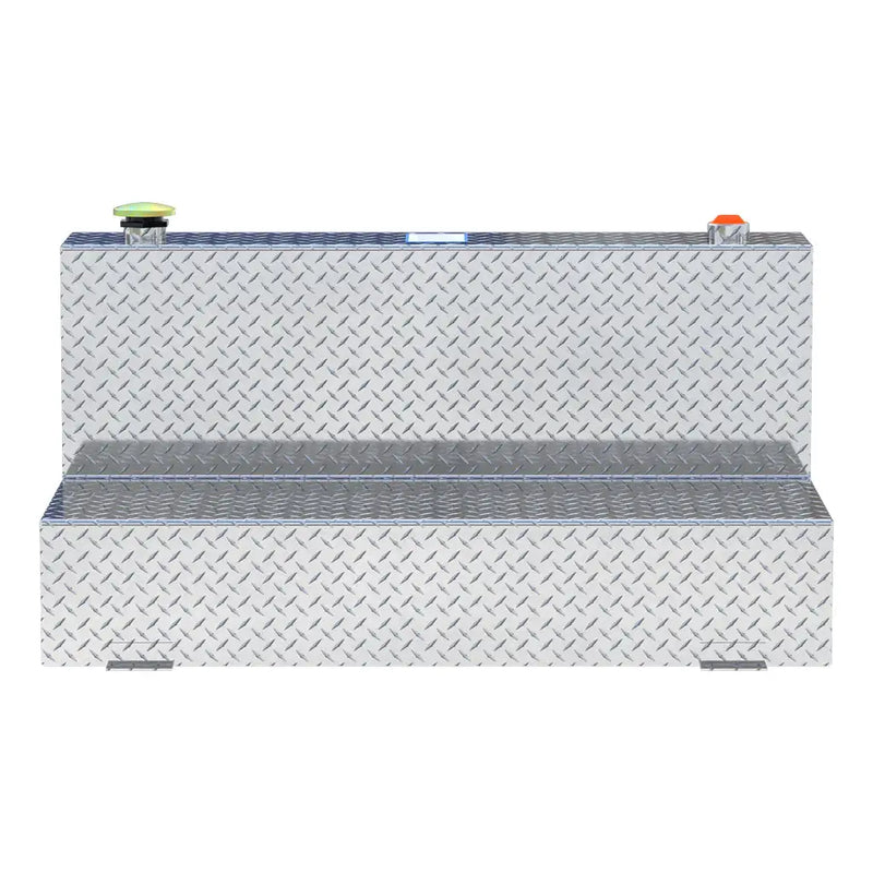 UWS TT-75-L-T-P 75-gallon l-shaped transfer tank in bright aluminum, straight-on front view