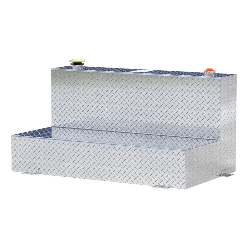 UWS TT-75-L-T-P 75-gallon l-shaped transfer tank in bright aluminum, front three-quarter studio view