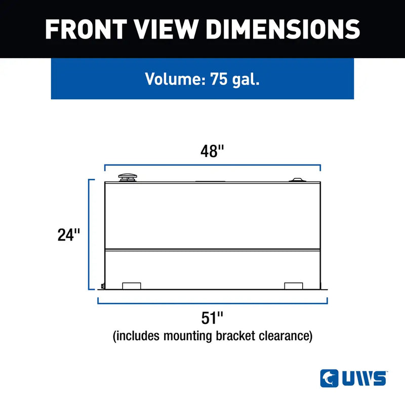 UWS TT-75-L-T-P 75-gallon l-shaped transfer tank in bright aluminum, FRONT VIEW DIMENSIONS drawing with measurements