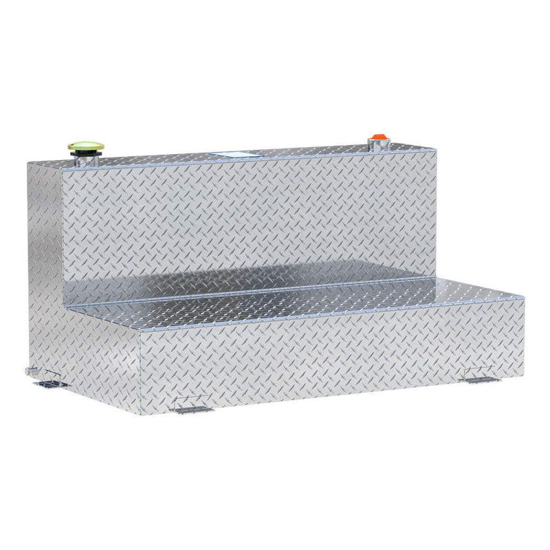 UWS TT-75-L-T-P 75-gallon l-shaped transfer tank in bright aluminum, three-quarter studio view