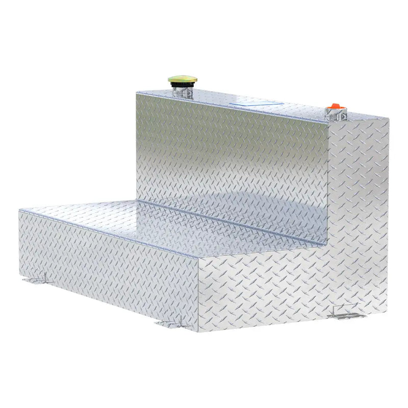 UWS TT-75-L-T-P 75-gallon l-shaped transfer tank in bright aluminum, rear three-quarter view