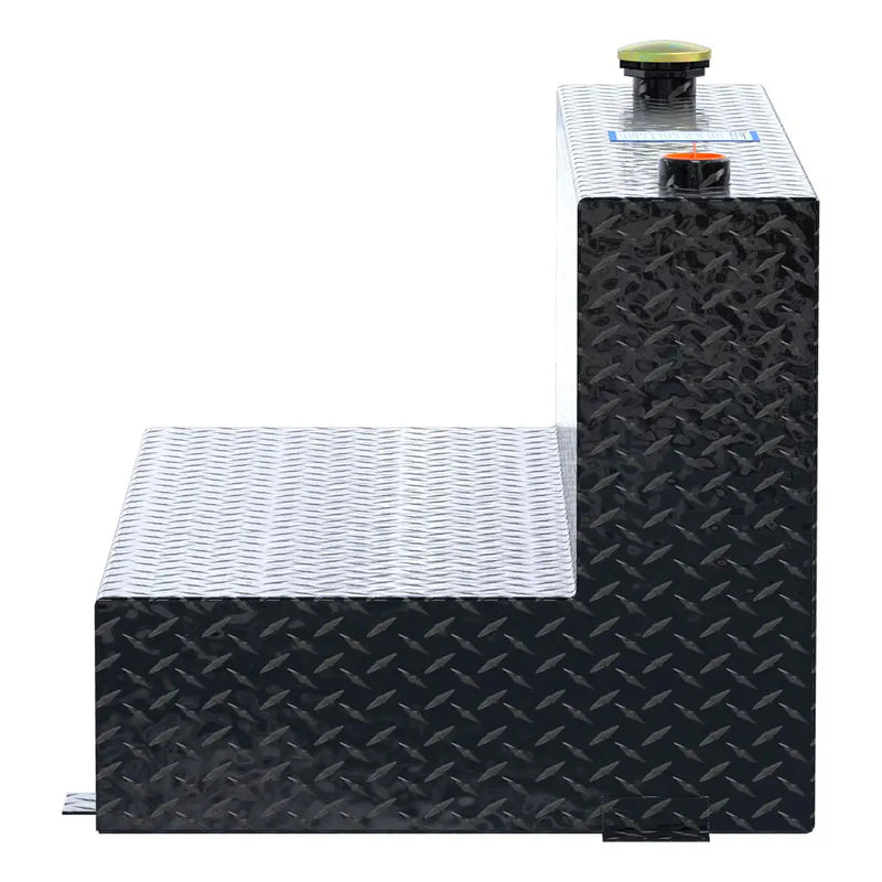 UWS TT-75-L-T-P-BLK 75-gallon l-shaped transfer tank in gloss black, end-on side view