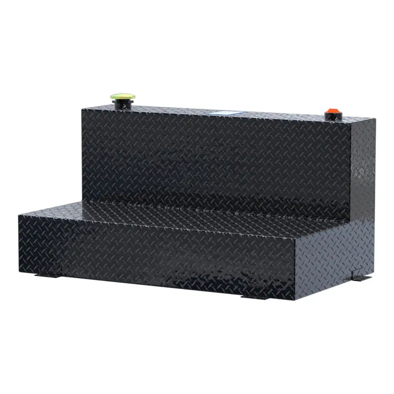 UWS TT-75-L-T-P-BLK 75-gallon l-shaped transfer tank in gloss black, front three-quarter studio view