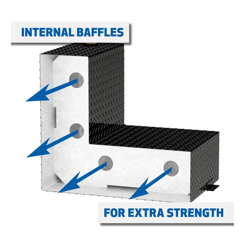 UWS TT-75-L-T-P-BLK 75-gallon l-shaped transfer tank in gloss black, cutaway diagram captioned INTERNAL BAFFLES FOR EXTRA STRENGTH