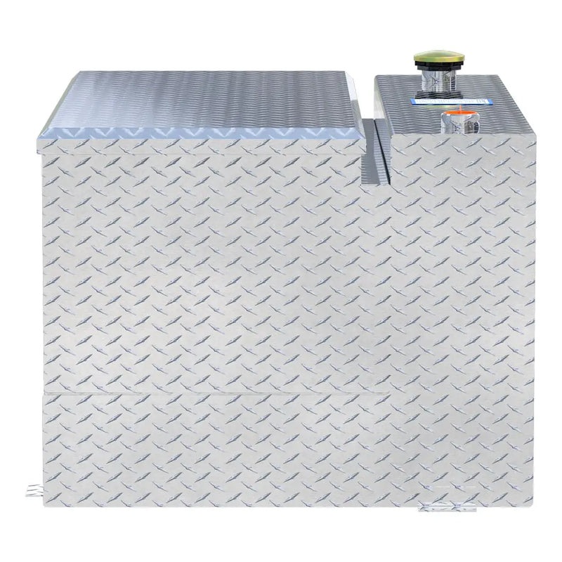 UWS TT-85-COMBO 85-gallon combo transfer tank in bright aluminum, end-on side view