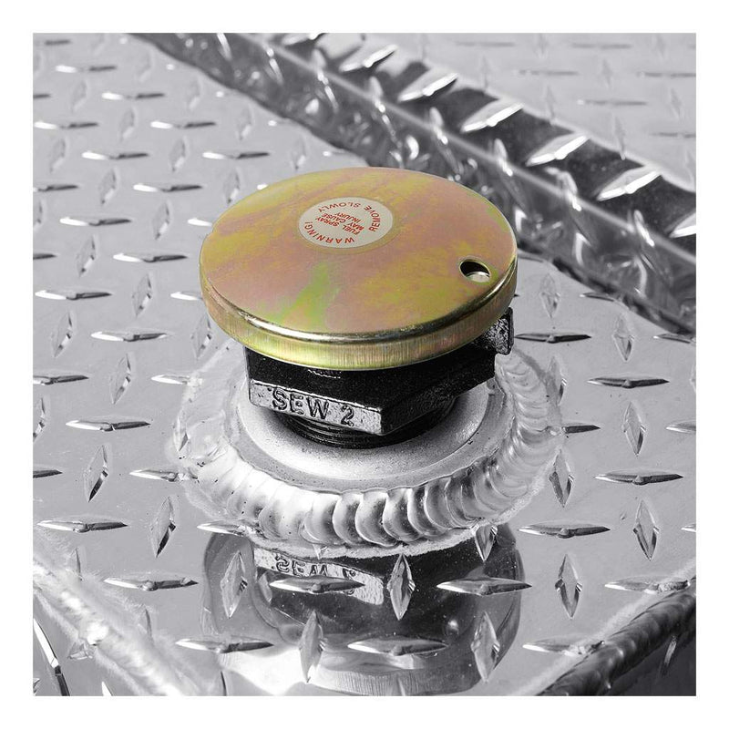 UWS TT-85-COMBO 85-gallon combo transfer tank in bright aluminum, close-up of the lockable vented fill cap