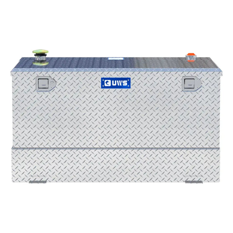 UWS TT-85-COMBO 85-gallon combo transfer tank in bright aluminum, straight-on front view