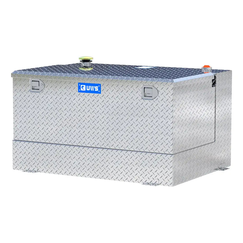 UWS TT-85-COMBO 85-gallon combo transfer tank in bright aluminum, front three-quarter studio view