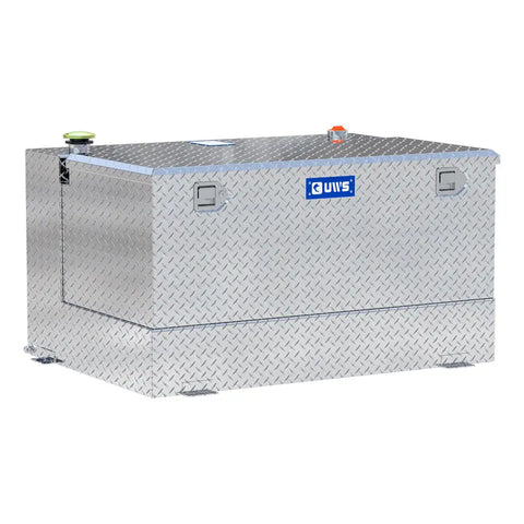 UWS TT-85-COMBO 85-gallon combo transfer tank in bright aluminum, three-quarter studio view