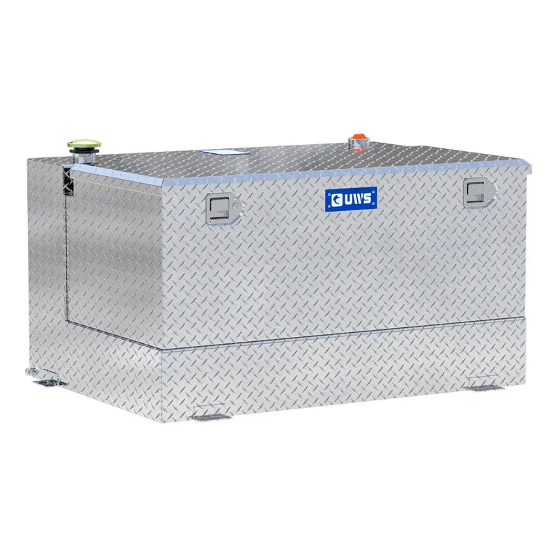 UWS TT-85-COMBO 85-gallon combo transfer tank in bright aluminum, three-quarter studio view