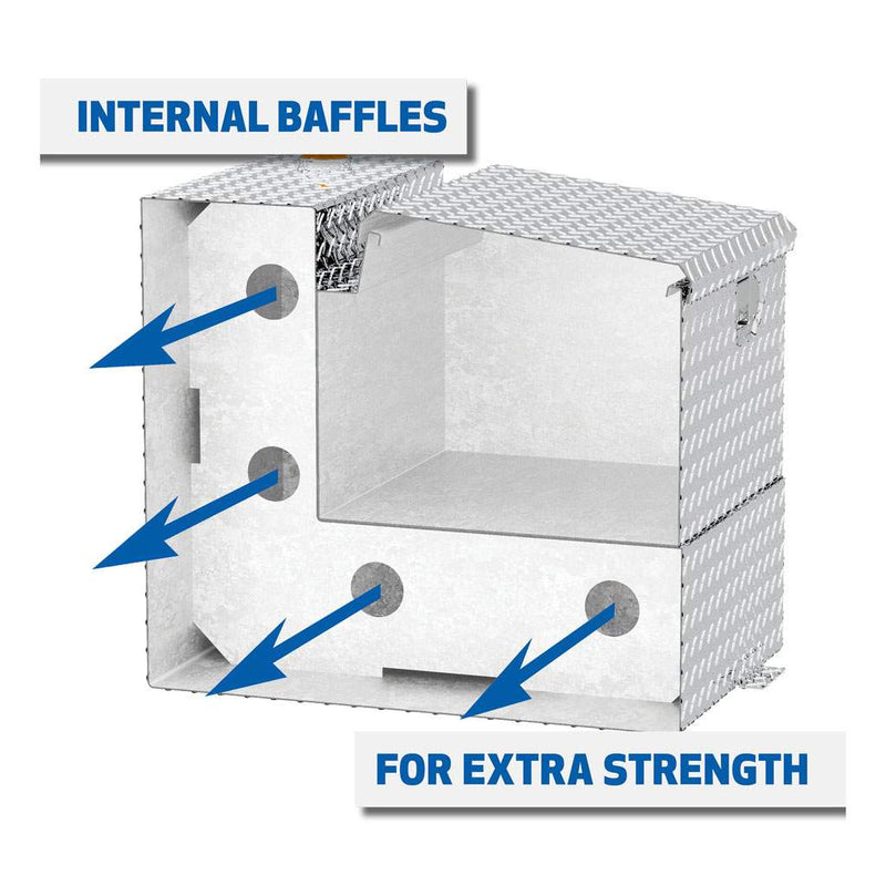 UWS TT-85-COMBO 85-gallon combo transfer tank in bright aluminum, cutaway diagram captioned INTERNAL BAFFLES FOR EXTRA STRENGTH