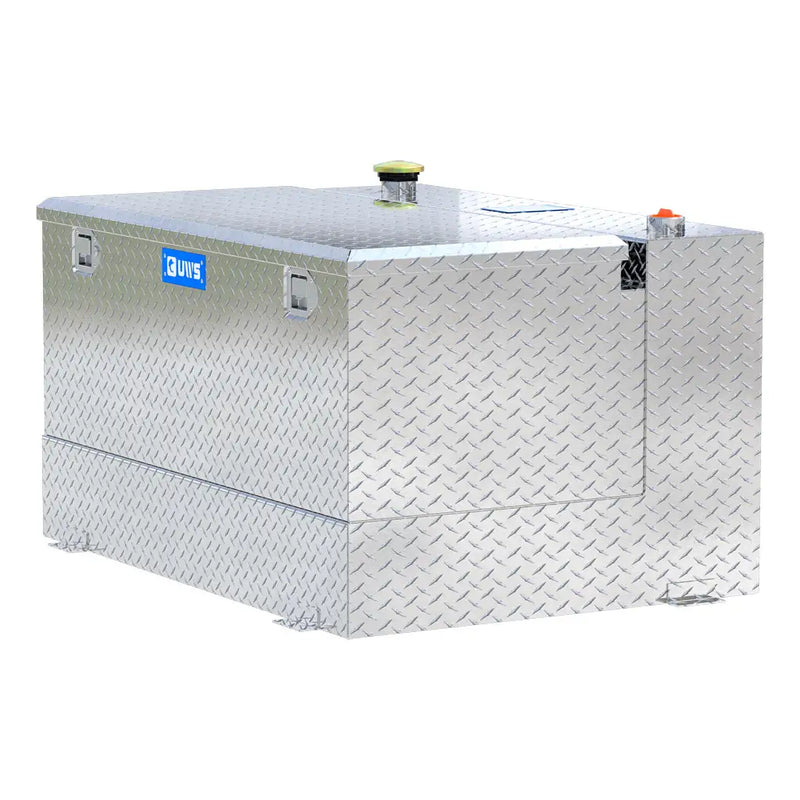 UWS TT-85-COMBO 85-gallon combo transfer tank in bright aluminum, rear three-quarter view