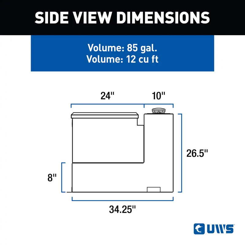 UWS TT-85-COMBO-BLK 85-gallon combo transfer tank in gloss black, SIDE VIEW DIMENSIONS drawing with measurements