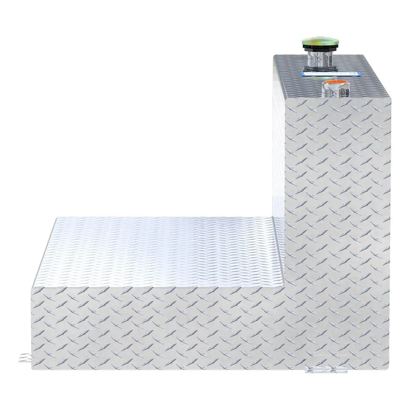UWS TT-85-L-T-P 85-gallon l-shaped transfer tank in bright aluminum, end-on side view