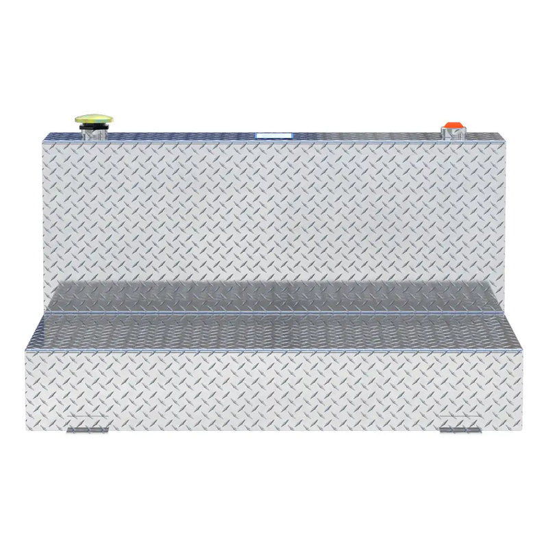 UWS TT-85-L-T-P 85-gallon l-shaped transfer tank in bright aluminum, straight-on front view