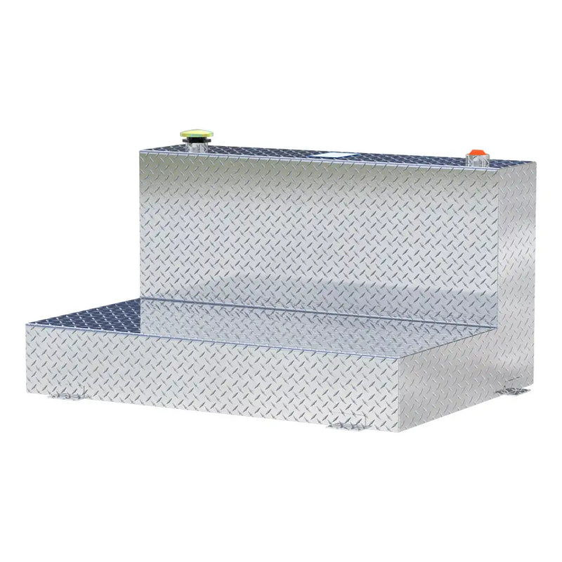 UWS TT-85-L-T-P 85-gallon l-shaped transfer tank in bright aluminum, front three-quarter studio view