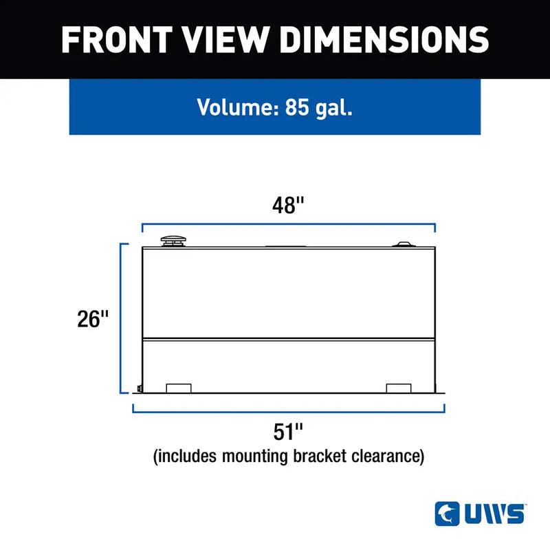 UWS TT-85-L-T-P 85-gallon l-shaped transfer tank in bright aluminum, FRONT VIEW DIMENSIONS drawing with measurements