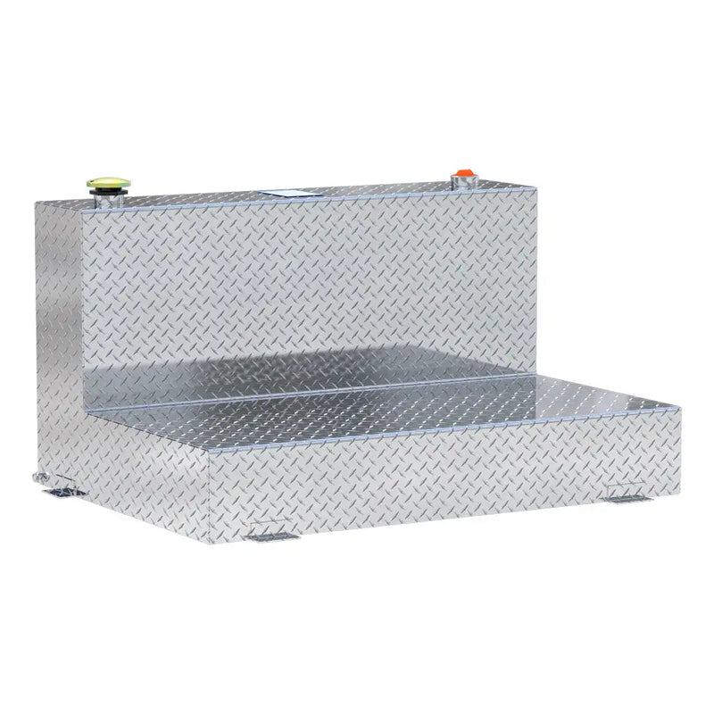 UWS TT-85-L-T-P 85-gallon l-shaped transfer tank in bright aluminum, three-quarter studio view