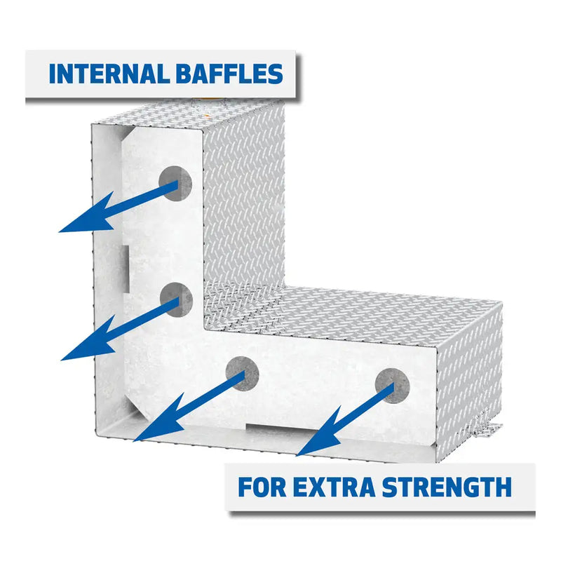 UWS TT-85-L-T-P 85-gallon l-shaped transfer tank in bright aluminum, cutaway diagram captioned INTERNAL BAFFLES FOR EXTRA STRENGTH