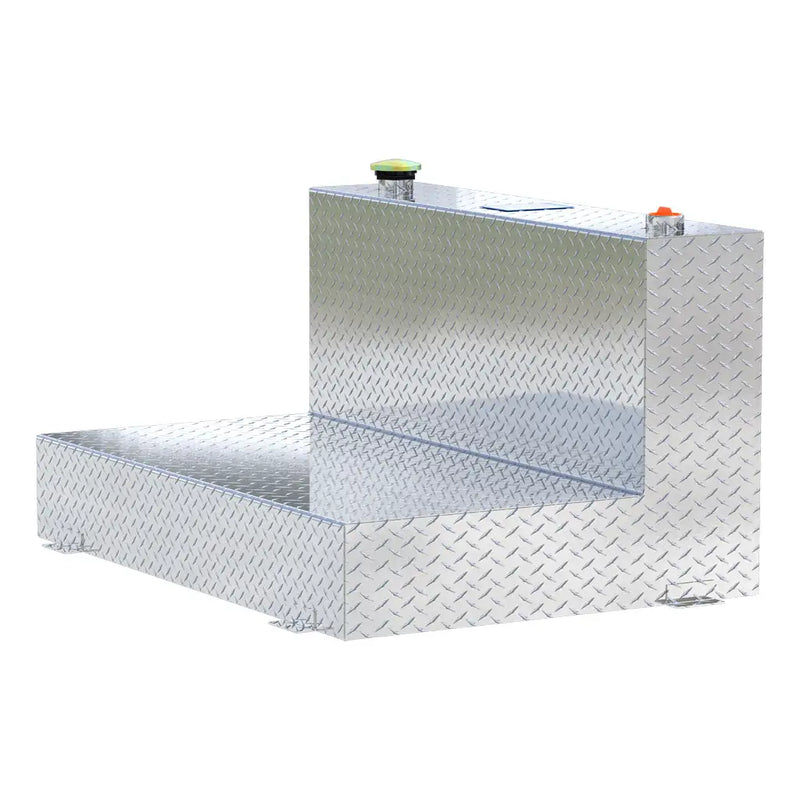 UWS TT-85-L-T-P 85-gallon l-shaped transfer tank in bright aluminum, rear three-quarter view