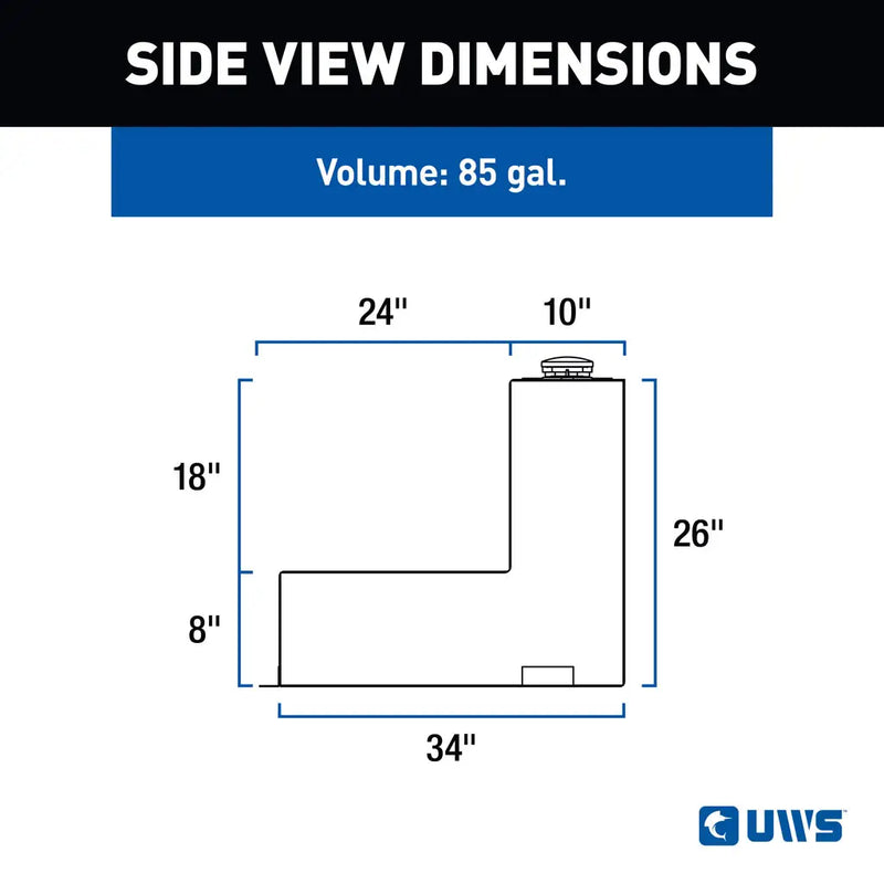 UWS TT-85-L-T-P 85-gallon l-shaped transfer tank in bright aluminum, SIDE VIEW DIMENSIONS drawing with measurements