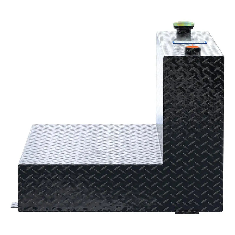 UWS TT-85-L-T-P-BLK 85-gallon l-shaped transfer tank in gloss black, end-on side view