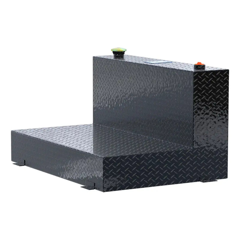 UWS TT-85-L-T-P-BLK 85-gallon l-shaped transfer tank in gloss black, rear three-quarter view