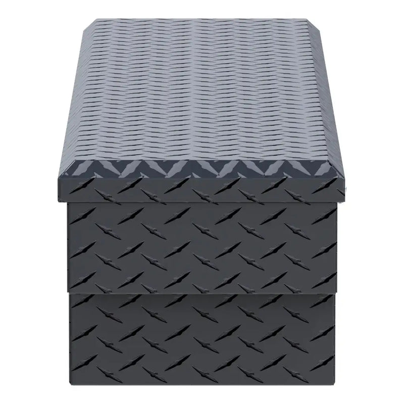 UWS 59" UTV Crossbed Tool Box end view showing the lid overhang and the depth of the tub