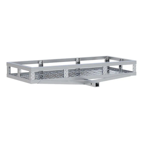 UWS 51" x 23" Aluminum Hitch Cargo Carrier in bright aluminum, front three-quarter studio view with the lid closed