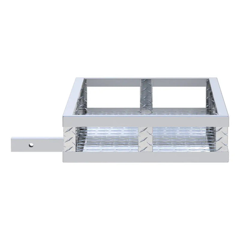 UWS 51" x 23" Aluminum Hitch Cargo Carrier end view showing the lid overhang and the depth of the tub
