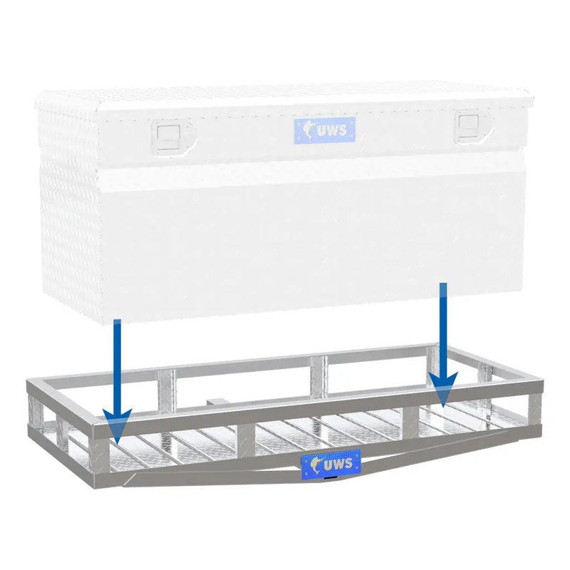 UWS 51" x 23" Aluminum Hitch Cargo Carrier shown positioned above the UWS cargo carrier with alignment arrows