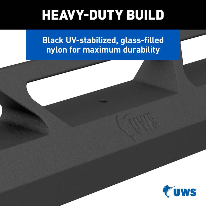 Close-up of the molded UWS logo on the tie-down rail