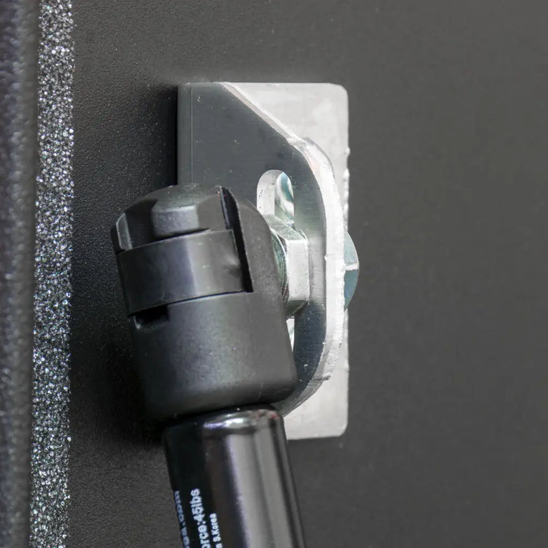 UWS Replacement Truck Tool Box Top Cylinder Bracket, studio angle, opened from the side