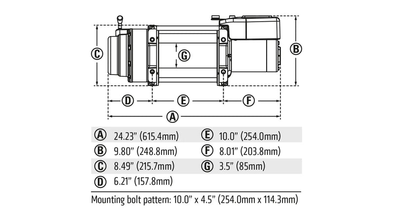 Warn dimension drawing for the 16.5ti frame with overall length, height, depth, drum diameter and the mounting bolt pattern called out