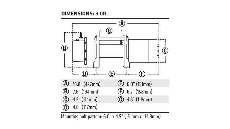 Warn dimension drawing titled DIMENSIONS 9.0Rc with overall length, height and depth and the mounting bolt pattern called out