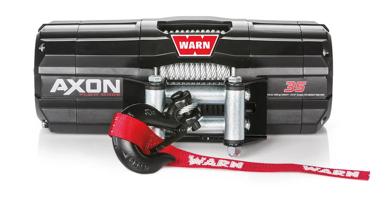 Warn AXON 35 powersports winch, front elevation on white, showing steel wire rope on the drum, the roller fairlead and the hook with its red Warn strap