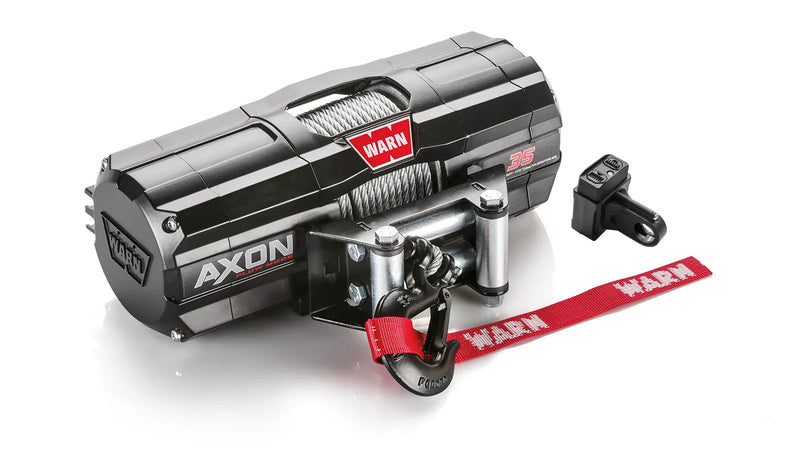 Warn AXON 35 powersports winch, three-quarter view on white, shown with the rockerbar digital control switch with handlebar mount adaptor supplied with it