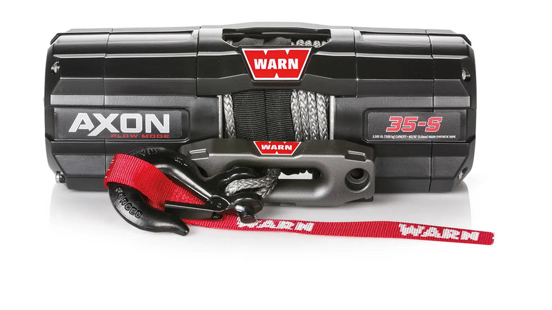 Warn AXON 35-S powersports winch, front elevation on white, showing synthetic rope on the drum, the epic hawse fairlead and the hook with its red Warn strap
