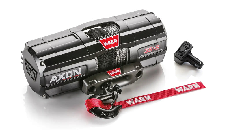 Warn AXON 35-S powersports winch, three-quarter view on white, shown with the rockerbar digital control switch with handlebar mount adaptor supplied with it