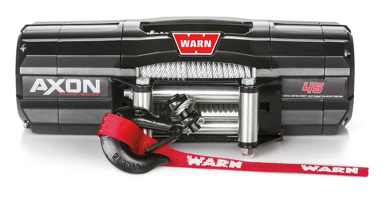 Warn AXON 45 powersports winch, front elevation on white, showing steel wire rope on the drum, the roller fairlead and the hook with its red Warn strap