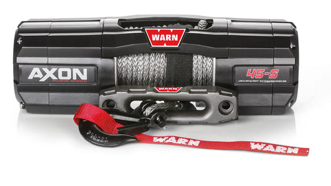 Warn AXON 45-S powersports winch, front elevation on white, showing synthetic rope on the drum, the epic hawse fairlead and the hook with its red Warn strap