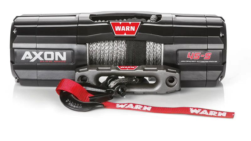 Warn AXON 45-S powersports winch, front elevation on white, showing synthetic rope on the drum, the epic hawse fairlead and the hook with its red Warn strap